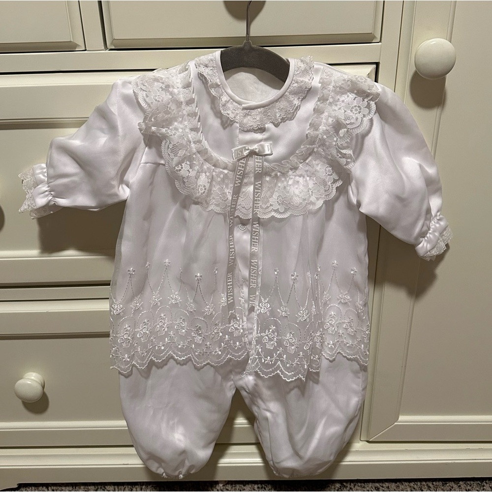 Vintage White Satin and Lace Baby Christening Romper